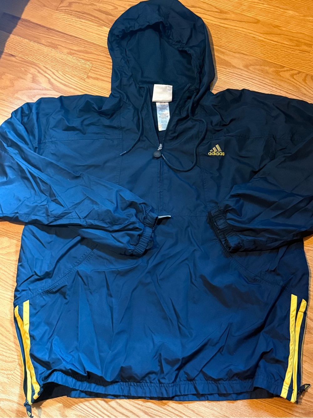 adidas Men's Navy Hooded Anorak Windbreaker with Yellow Trim Michigan Wolverines